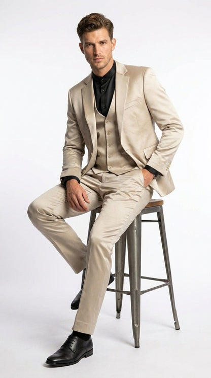Mens 3-Piece Slim-Fit Shiny All Satin Suit Champagne