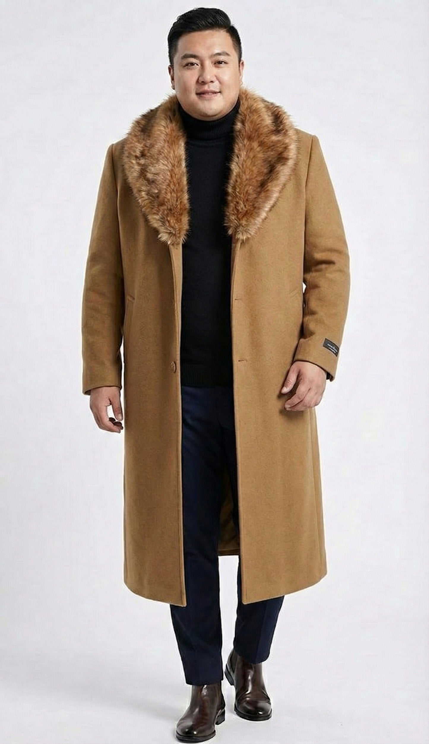 Men's Camel Brown Long Overcoat with Faux Fur Collar, Classic Winter Topcoat for Formal and Business Wear - Image 8