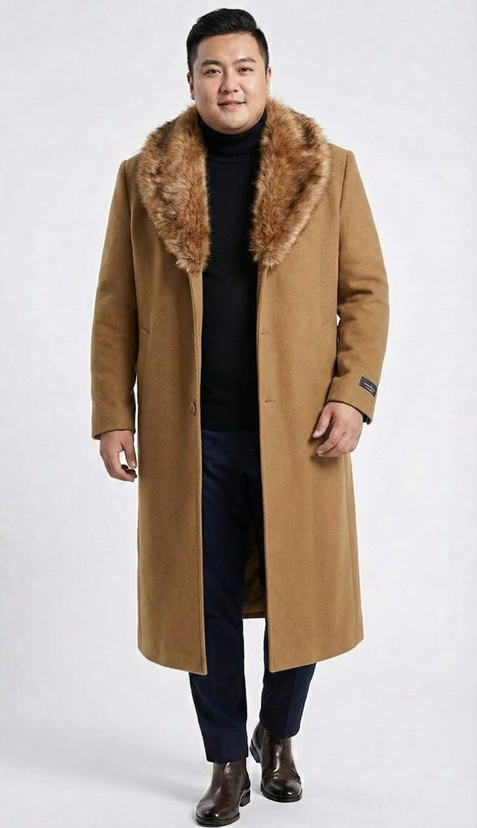 Men's Camel Brown Long Overcoat with Faux Fur Collar, Classic Winter Topcoat for Formal and Business Wear - Image 8