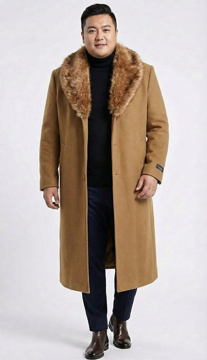 Men's Camel Brown Long Overcoat with Faux Fur Collar, Classic Winter Topcoat for Formal and Business Wear - Image 8