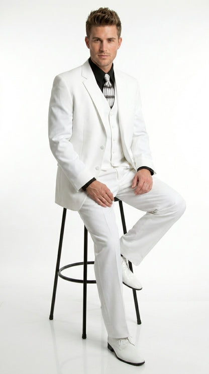 Men’s All White Classic 3 Piece Suit with High Vest, 3 Button Jacket and Pleated Pants