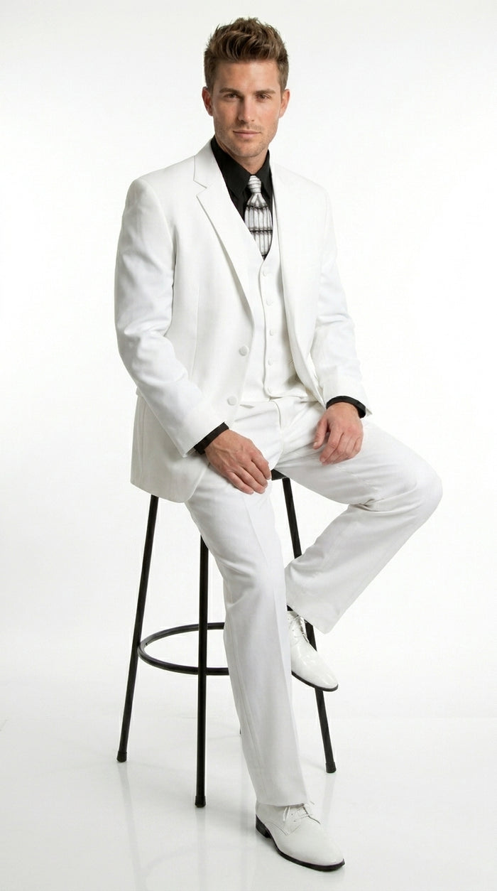 Men’s All White Classic 3 Piece Suit with High Vest, 3 Button Jacket and Pleated Pants