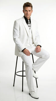 Men’s All White Classic 3 Piece Suit with High Vest, 3 Button Jacket and Pleated Pants