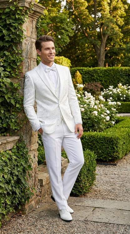 Men’s White Paisley Wedding Tuxedo with Groom Suit Jacket, Vest and Pants, Formal Dress Suit