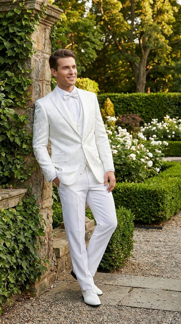 Men’s White Paisley Wedding Tuxedo with Groom Suit Jacket, Vest and Pants, Formal Dress Suit