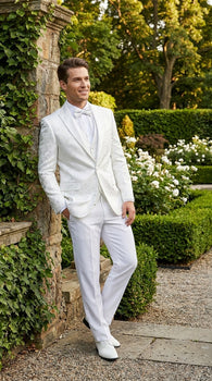 Men’s White Paisley Wedding Tuxedo with Groom Suit Jacket, Vest and Pants, Formal Dress Suit