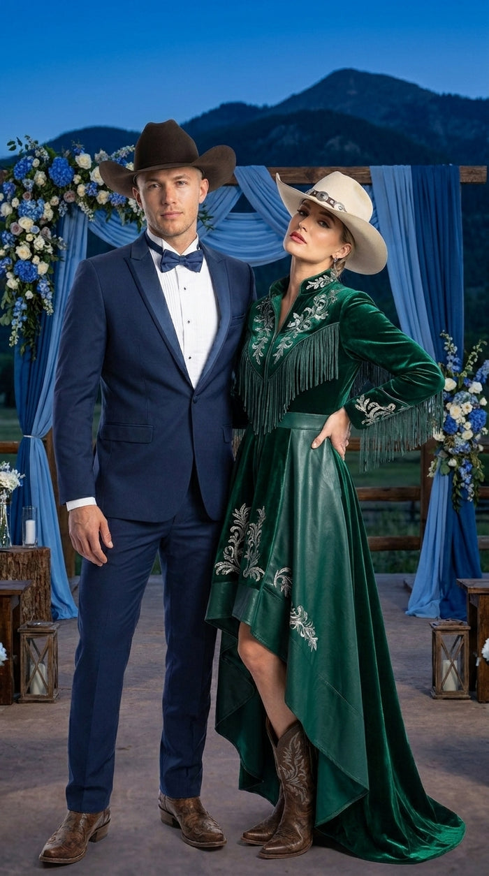 Men’s Saphire Indigo Blue Western Tuxedo Suit, Formal Wedding Prom Cowboy Tuxedo with Blue