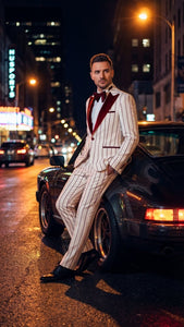 Men’s White and Dark Red Pinstripe Tuxedo with Velvet Shawl Lapel – Formal Dinner Blazer Prom Christmas New Year Holiday Suit