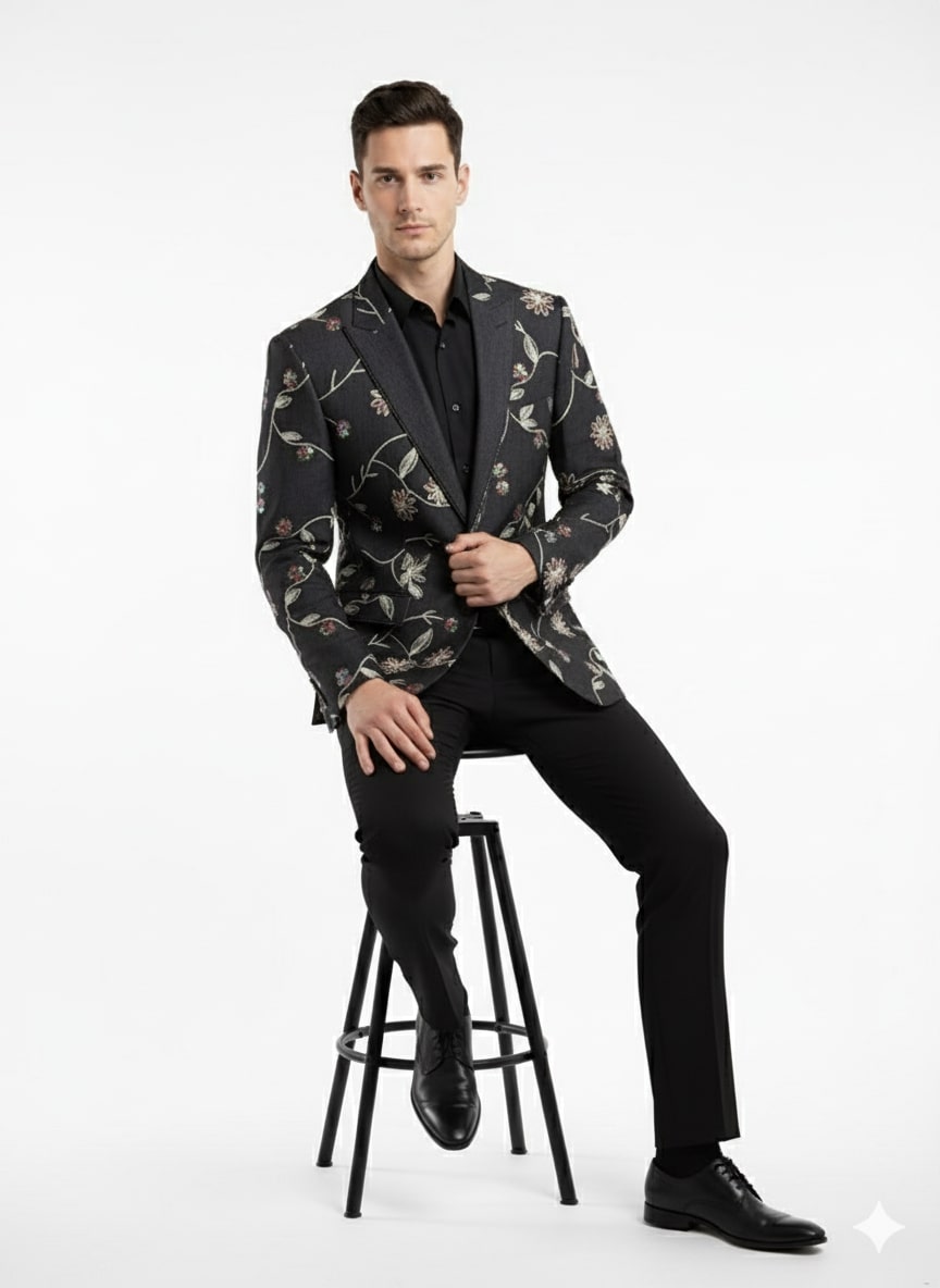 Luxury Black Floral Embroidered Blazer for Men – Designer Party and Wedding Wear Jacket - Image 8