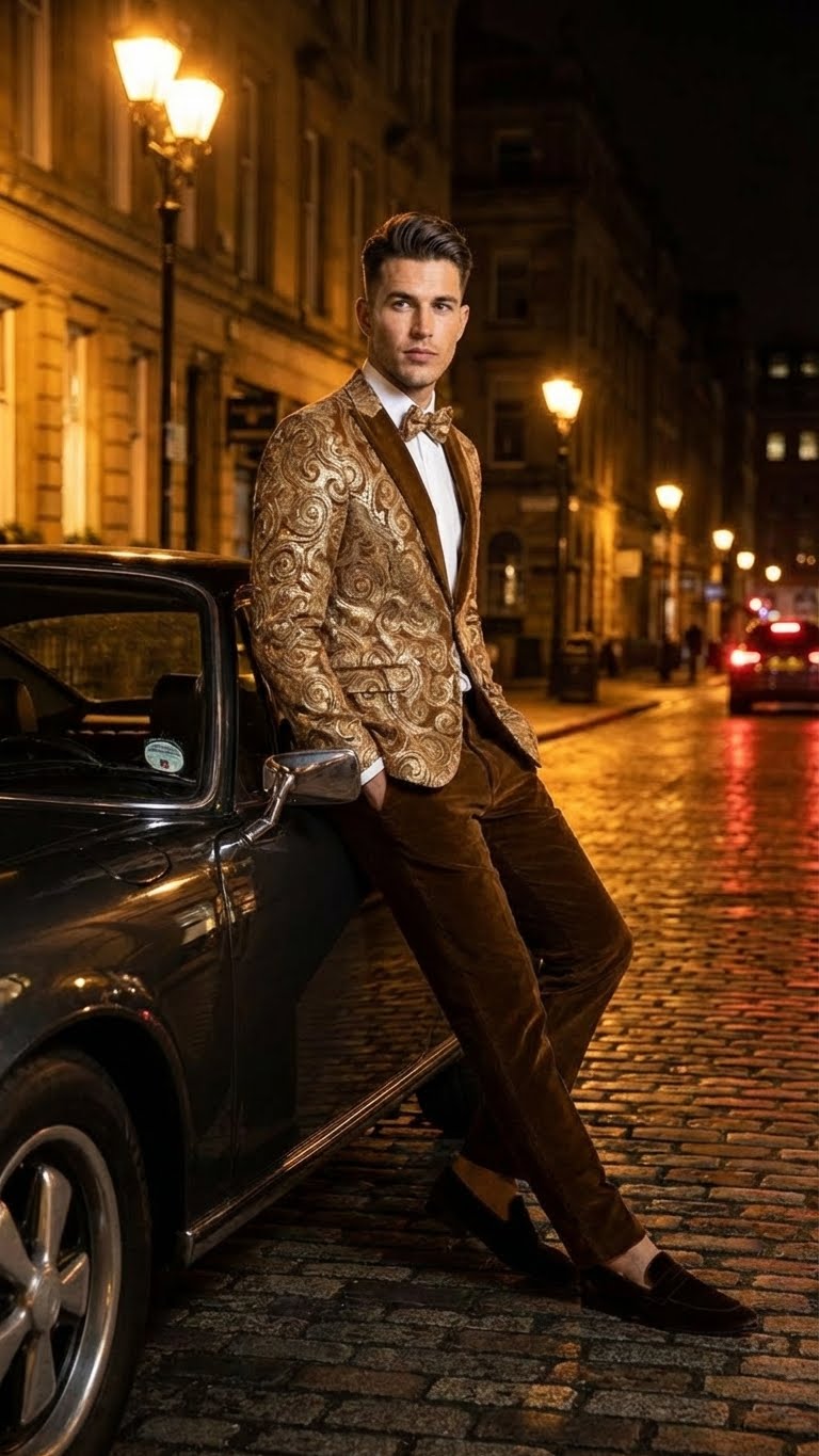 Men’s Brown Tuxedo dinner Jacket Blazer – Jacket for Formal Paisley Pattern Coffee Mocca Color + Bowtie