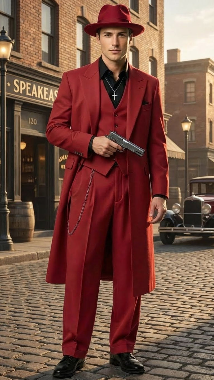 Men’s 1920s Burgundy Zoot Suit – Long Mafia Gangster Three-Piece Vintage Outfit Zuit Pachuco Style