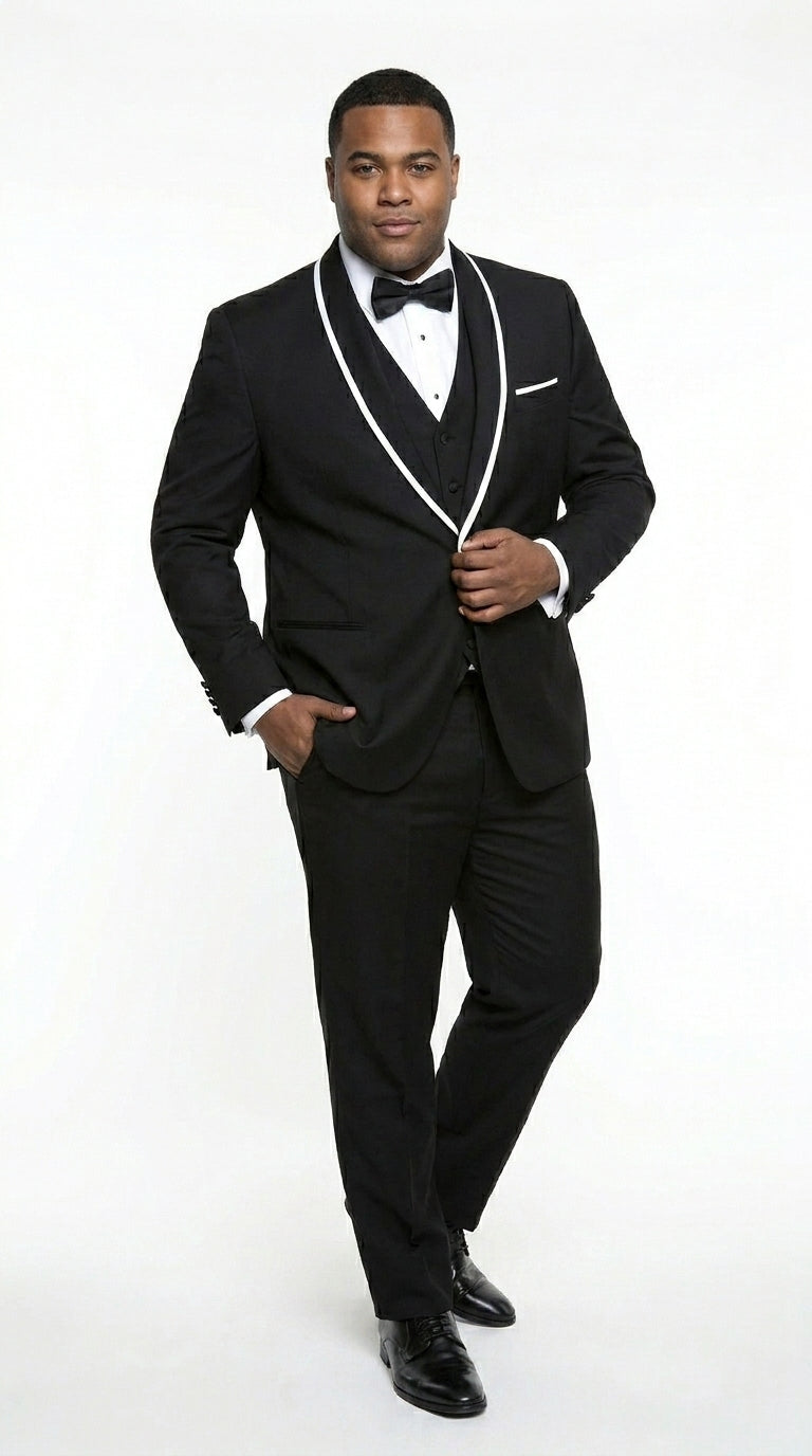 Men’s Black 1 Button Blazer with Shawl Lapel and White Trim, Formal Dinner Jacket Sport Coat
