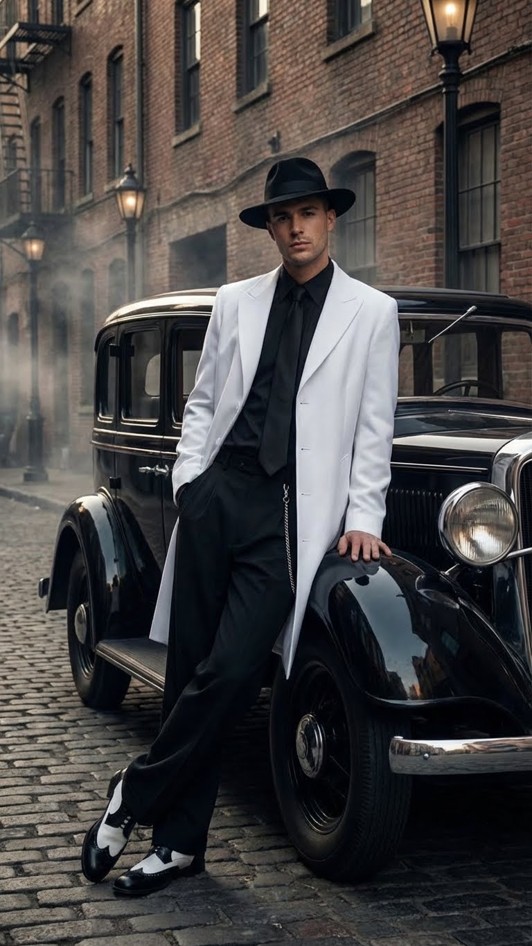 Men’s White Zoot Suit Gangster Style Outfit –  White Jacket + Vest + Pants + Shirt & Tie  Combo Package