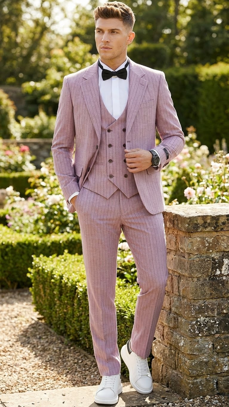 Men’s Dusty Rose Pink Pinstripe Three Piece Suit with Vest | Wedding and Party Formal Wear Prom or Church Suit Modern Fit