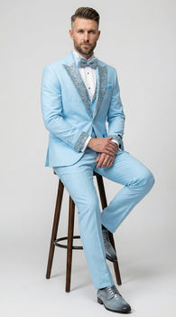 Mens Light Blue 3 Piece Prom Tuxedo – Sky Blue Formal Suit with Sequin Lapel Wedding Party Tuxedo Set in Baby Blue