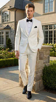 Mens White Wedding Tuxedo Suit – Formal Groom Suit Set Classic Dinner Jacket + White Tuxedo Shirt + Black Bow Tie