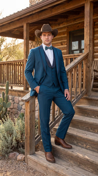 Men’s Teal Blue Western Tuxedo Suit, 3 Piece Cowboy Formal Wedding Prom Suit with Black Shawl Lapel Saphire