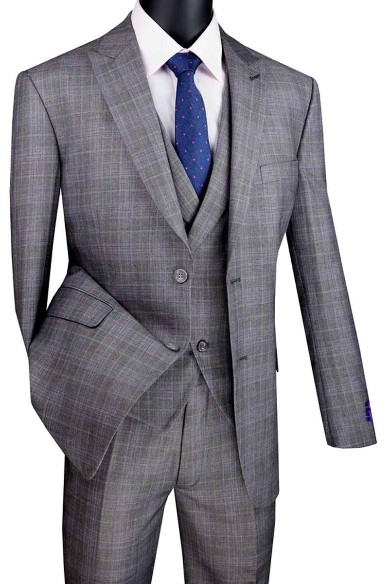 Mens 2 Button Vested Peak Lapel Plaid Suit in Grey - Image 12