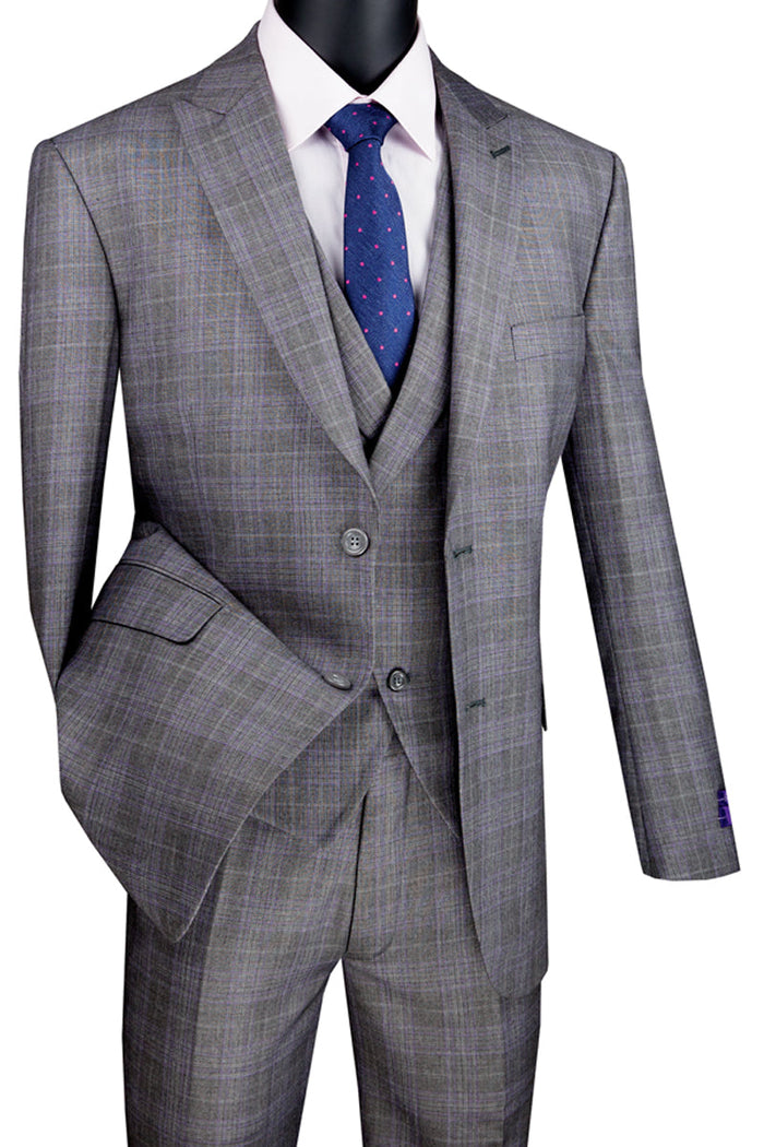 Mens 2 Button Vested Peak Lapel Plaid Suit in Grey - Image 12