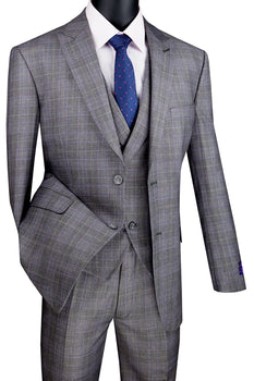 Mens 2 Button Vested Peak Lapel Plaid Suit in Grey - Image 12