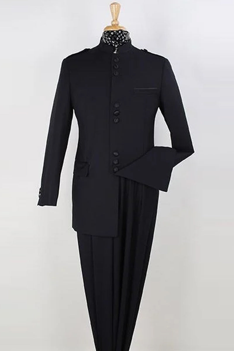 Mens Classic Military Banded Collar Mandarin Safari Suit in Black