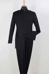 Mens Classic Military Banded Collar Mandarin Safari Suit in Black