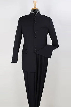 Mens Classic Military Banded Collar Mandarin Safari Suit in Black