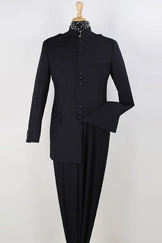 Mens Classic Military Banded Collar Mandarin Safari Suit in Black
