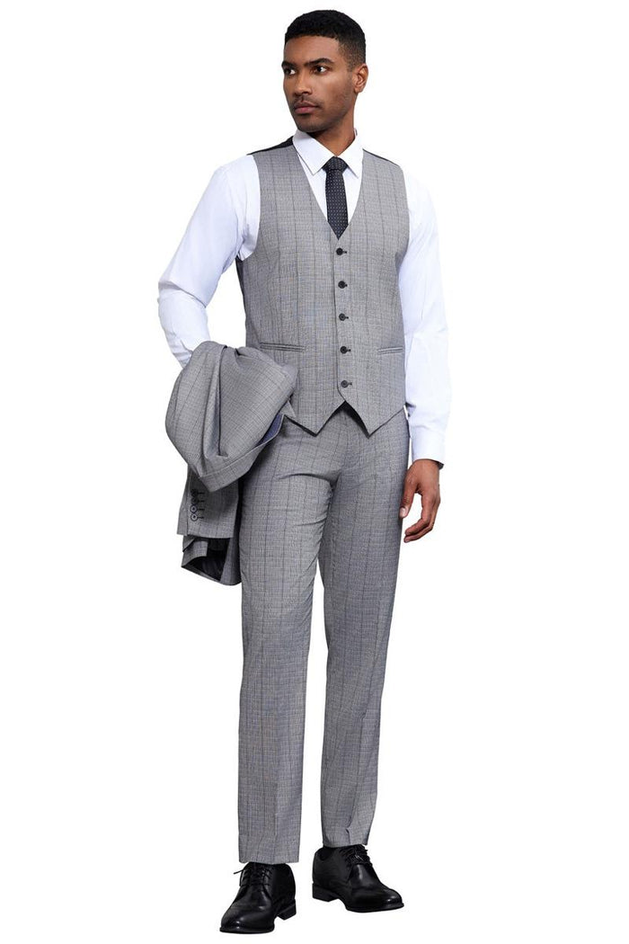 Men's Stacy Adams Modern Fit Vested Tonal Windowpane Plaid Suit in Light Grey - Image 4