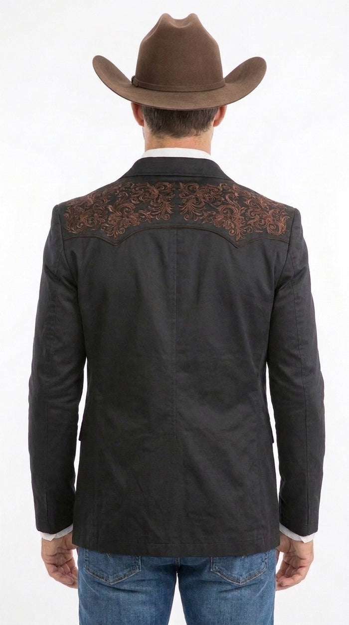 Men’s Black & Brown Western Blazer – Cowboy Sport Coat with Brown Embroidered Shoulder & Back Design