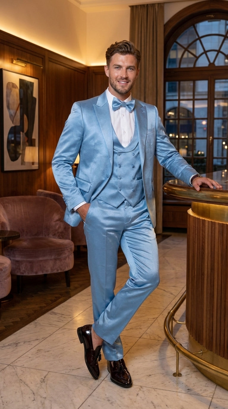 Men’s Powder Blue Satin Tuxedo – Light Blue Wedding & Prom Tuxedo Suit