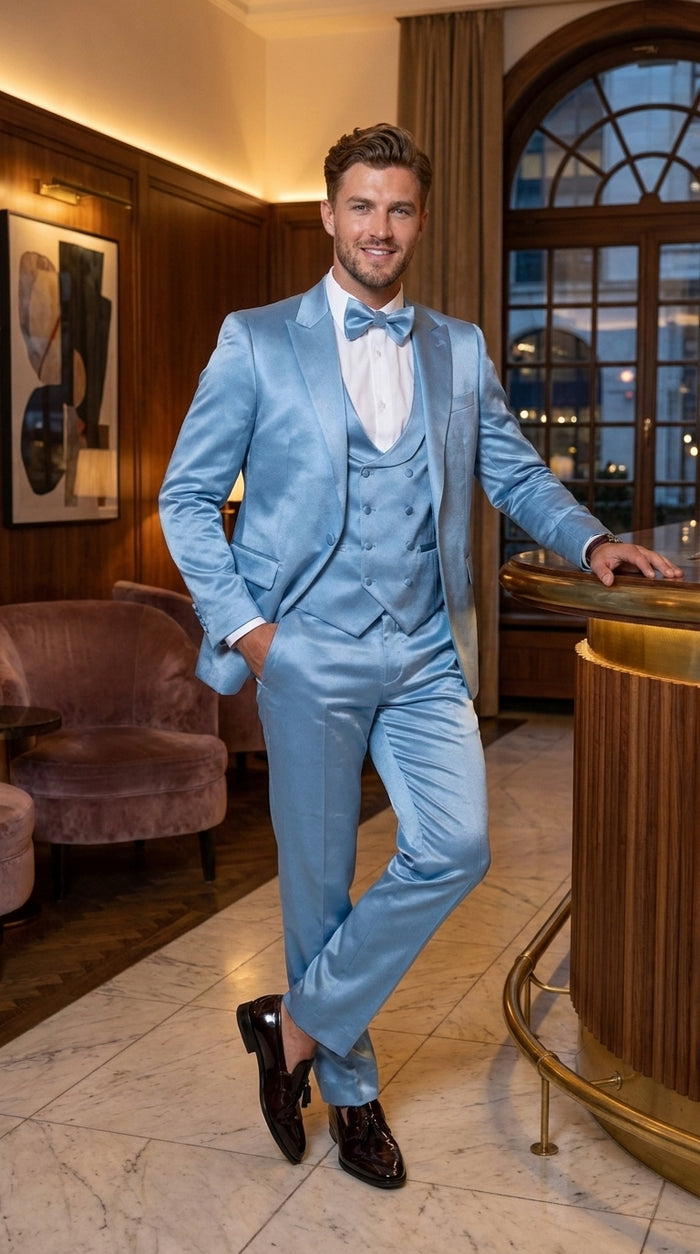 Men’s Powder Blue Satin Tuxedo – Light Blue Wedding & Prom Tuxedo Suit