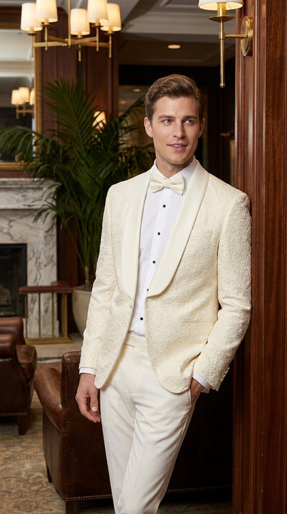 Men’s Ivory Off White Jacquard Dinner Jacket – Cream Tuxedo Blazer for Weddings & Formal Events + Bowtie included