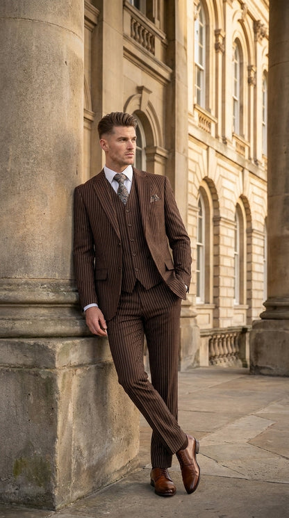 Men’s Brown Pinstripe Edwardian 3 Piece Suit – Vintage Victorian Wedding Suit with Vest