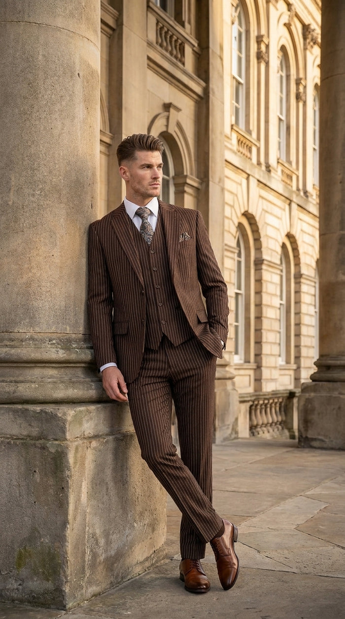 Men’s Brown Pinstripe Edwardian 3 Piece Suit – Vintage Victorian Wedding Suit with Vest