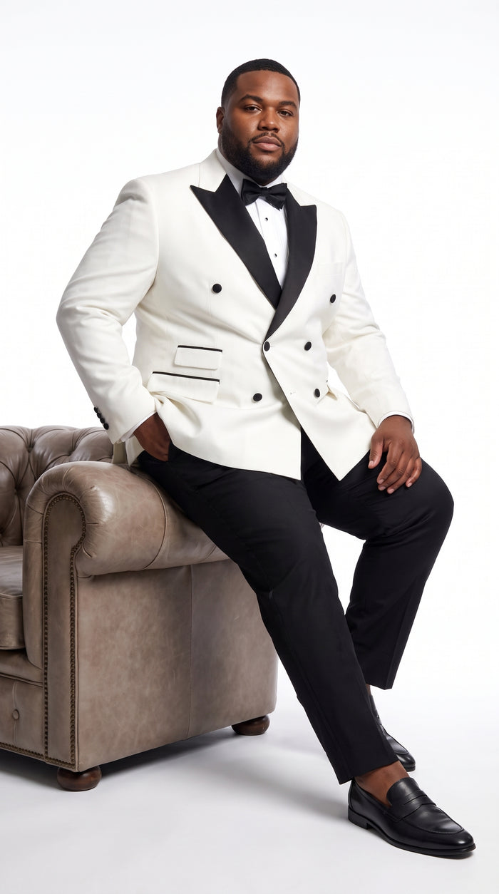 Men’s Vintage Hollywood WHITE/BLACK Double-Breasted Tuxedo – Black Peak Lapel Wedding and Formal Suit