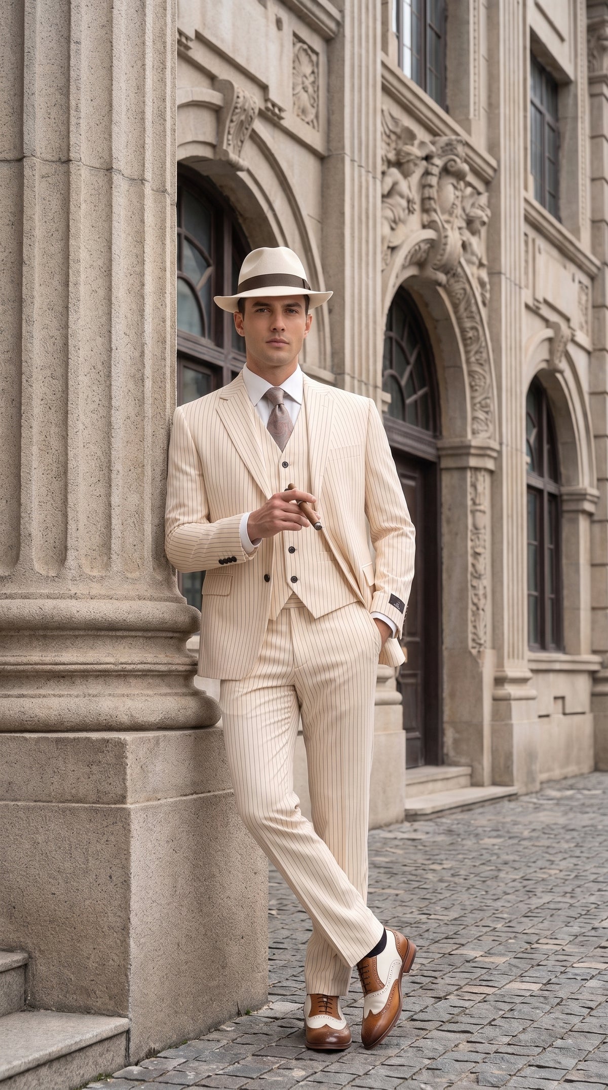 Men’s Ivory Cream Pinstripe 3-Piece Suit – 1920s Gangster Gatsby Wedding and Formal Suit  Modern Fit