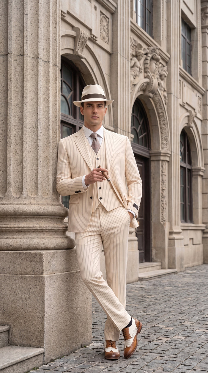 Men’s Ivory Cream Pinstripe 3-Piece Suit – 1920s Gangster Gatsby Wedding and Formal Suit  Modern Fit