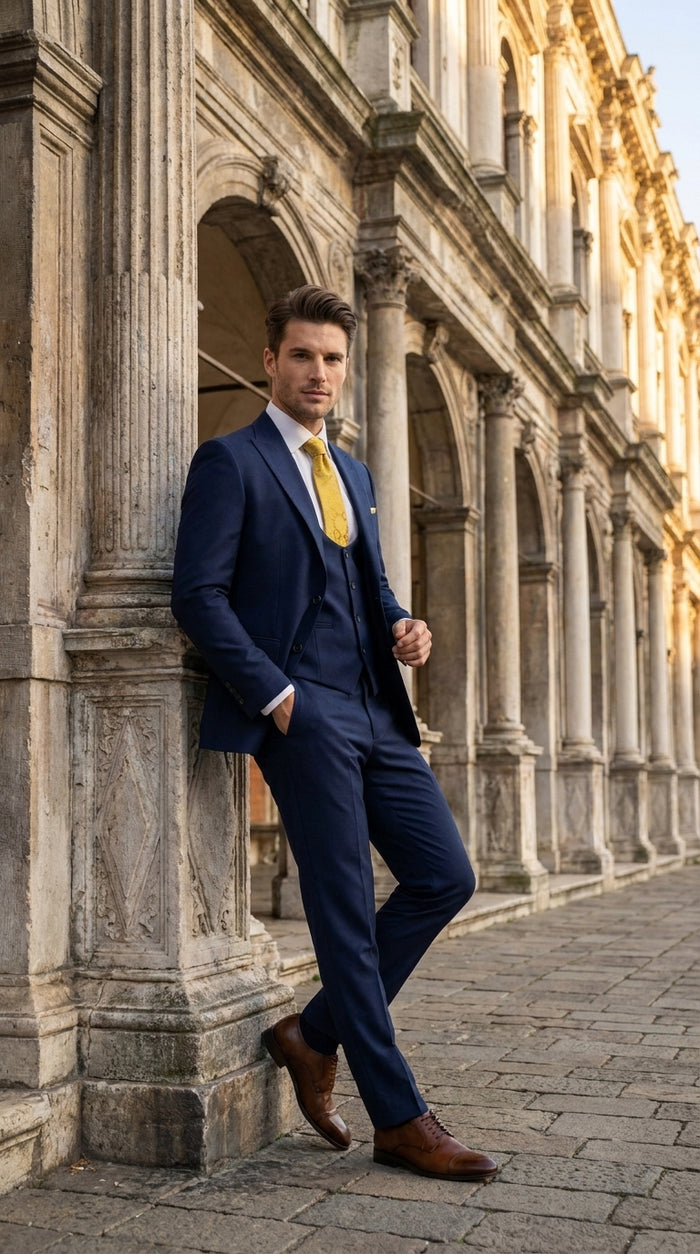 Mens Vitali 3 Piece Suit W/Scoop Vest Navy Blue 3-Piece Suit – Big Peak Lapel  Vest and Pants Two Buttons  Modern Fit