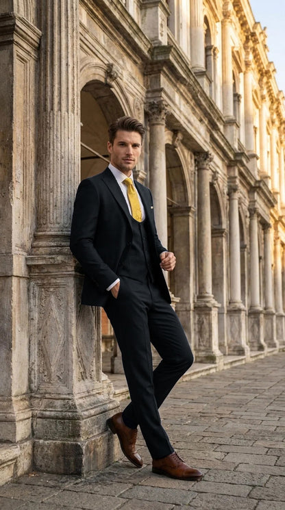 Vitali Men's Modern Fit 3-Piece Black Suit – 2-Button Jacket with Scoop Neck Vest
