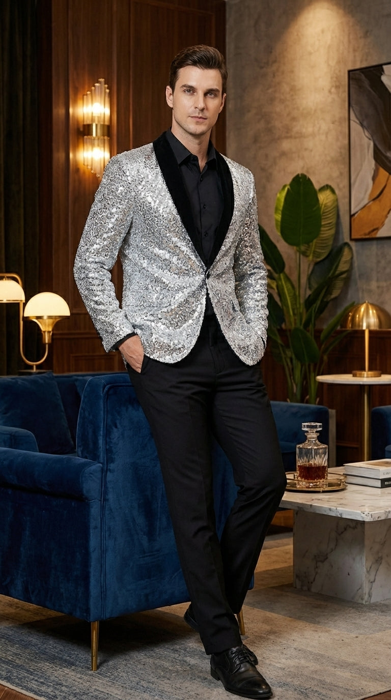 Men’s Silver Sequin Blazer Disco Style Jacket – Black Lapel Party Blazer, Shiny Evening Wear, 70s Dance Outfit, Formal Event Jacket