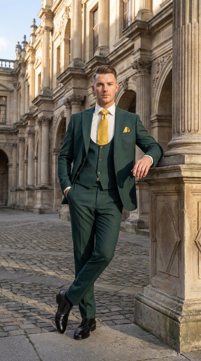 Mens Vitali 3 Piece Suit W/Scoop Vest Hunter Green 3-Piece Suit –, Big Peak Lapel  Vest and Pants  Two Buttons Modern Fit