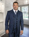 Mens Classic Fit One Button Peak Lapel Suit with Double Breasted Vest in Indigo Blue Plaid