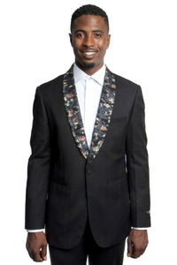 Mens Black Blazer - Men's One Button Slim Fit Dinner Jacket in Black with Floral Pattern Lapel