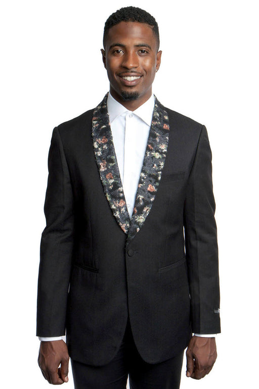 Mens Black Blazer - Men's One Button Slim Fit Dinner Jacket in Black with Floral Pattern Lapel