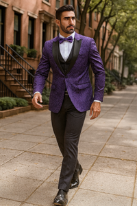 Purple Paisley-200VP  Two Toned Paisley Blazer or Tuxedo Suit + Pants Vested + Black Lapel Blazer Looking