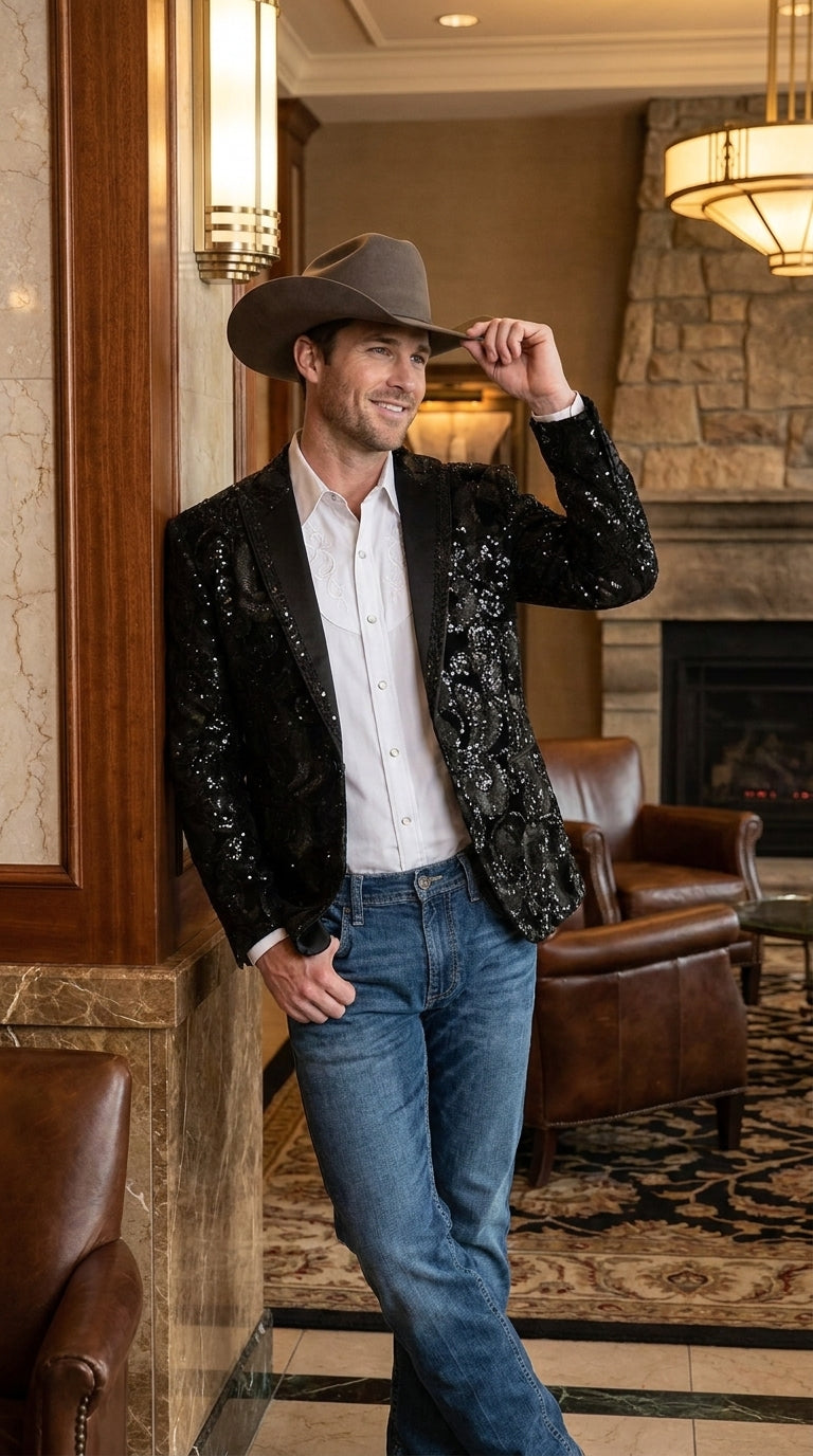 Men’s Black Sequin Western Blazer – Embroidered Cowboy Tuxedo Jacket with Rhinestone Lapels