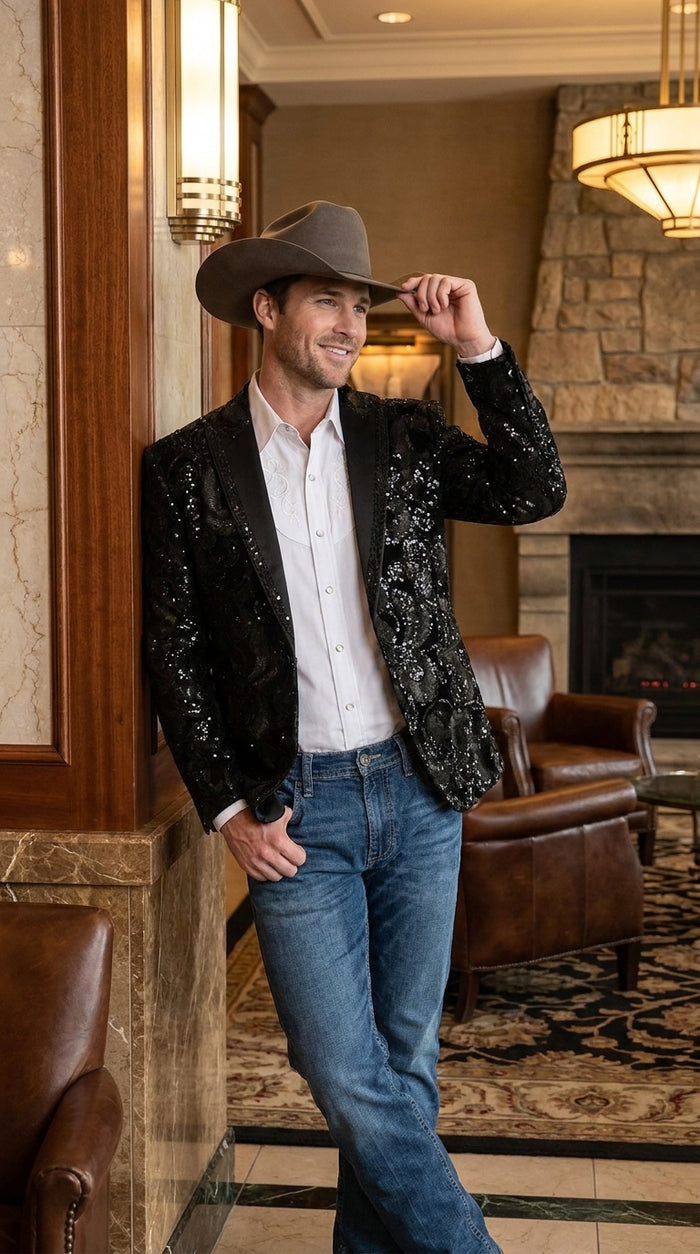 Men’s Black Sequin Western Blazer – Embroidered Cowboy Tuxedo Jacket with Rhinestone Lapels