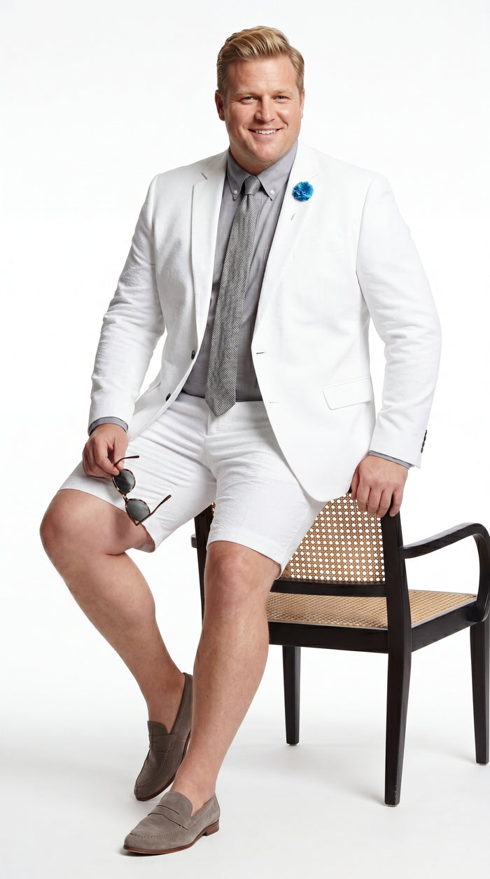 Men’s Cotton Fabric White 2 Piece Summer Suit with Shorts, Casual Beach Wedding and Resort Formal Outfit Modern Fit