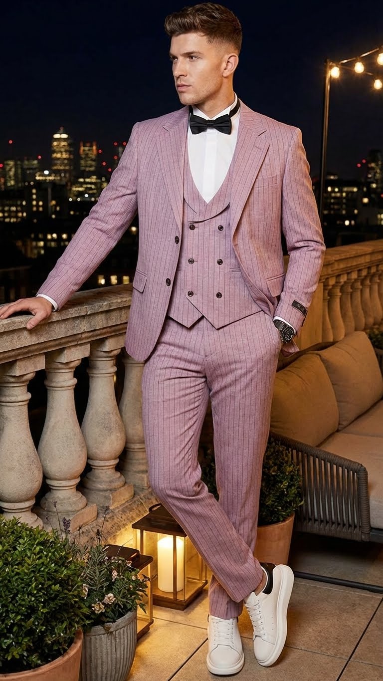 Men’s Dusty Rose Pink Pinstripe Three Piece Suit with Vest | Wedding and Party Formal Wear Prom or Church Suit Modern Fit